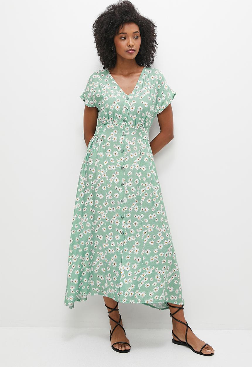 MILLA - Grown on sleeve button down midi dress - sage and white daisy