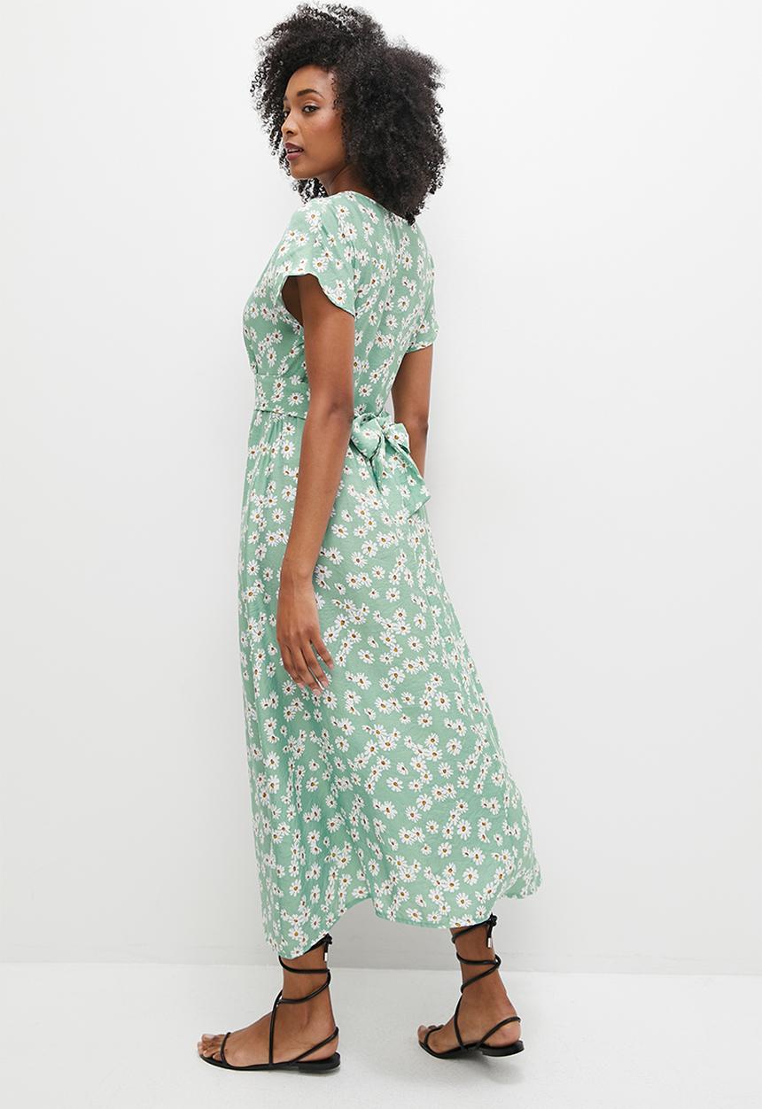 MILLA - Grown on sleeve button down midi dress - sage and white daisy
