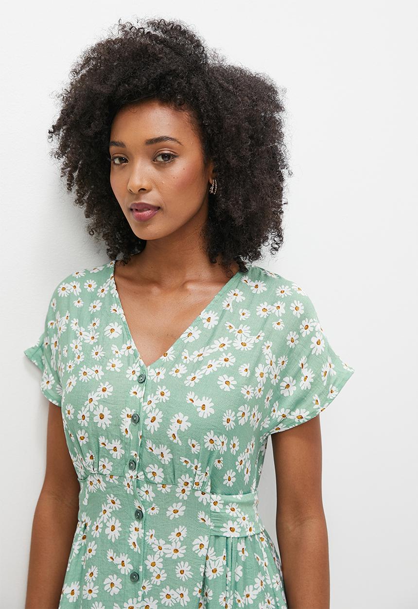 MILLA - Grown on sleeve button down midi dress - sage and white daisy