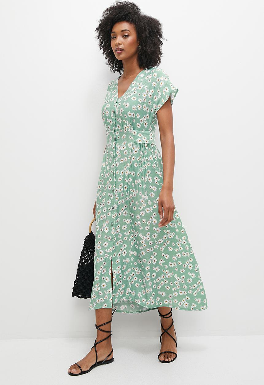 MILLA - Grown on sleeve button down midi dress - sage and white daisy