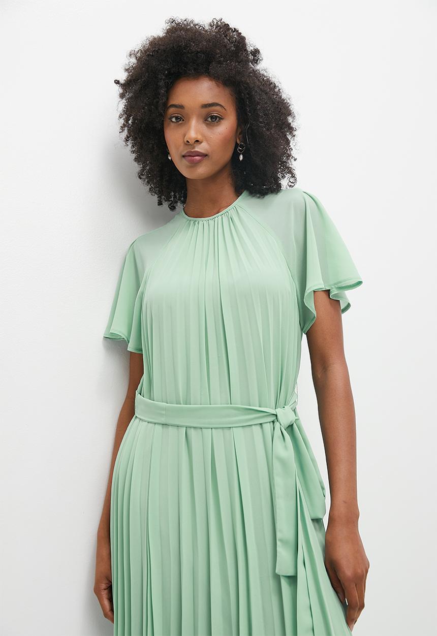 MILLA - Pleated flutter sleeve midi dress - vintage sage