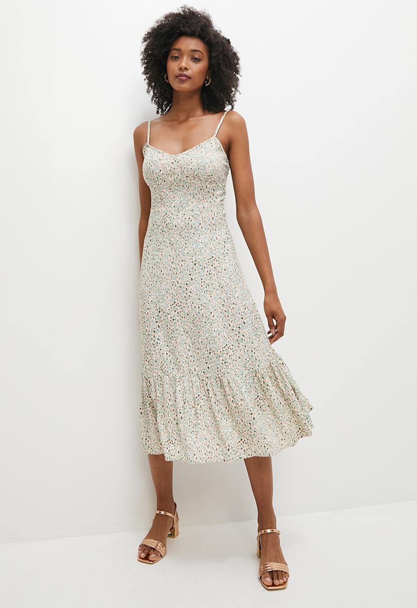 MILLA - Strappy midi dress with frill hem - green layered spot