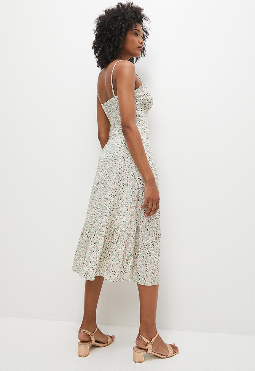 MILLA - Strappy midi dress with frill hem - green layered spot