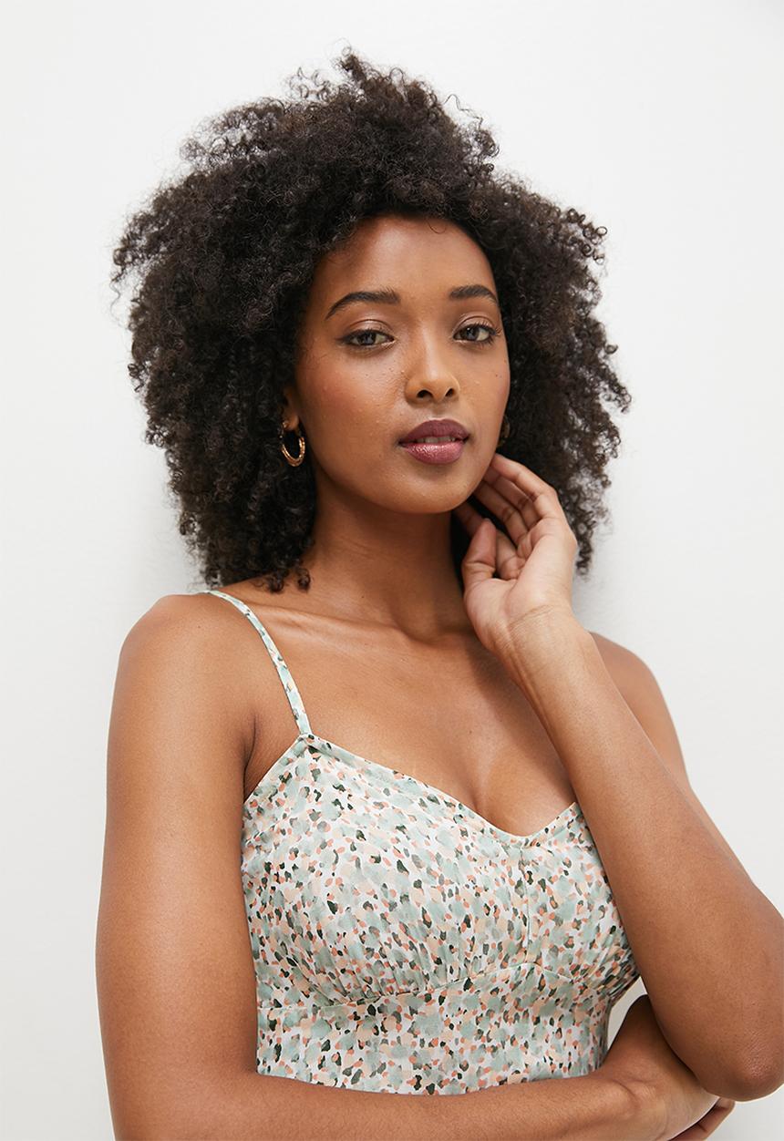MILLA - Strappy midi dress with frill hem - green layered spot
