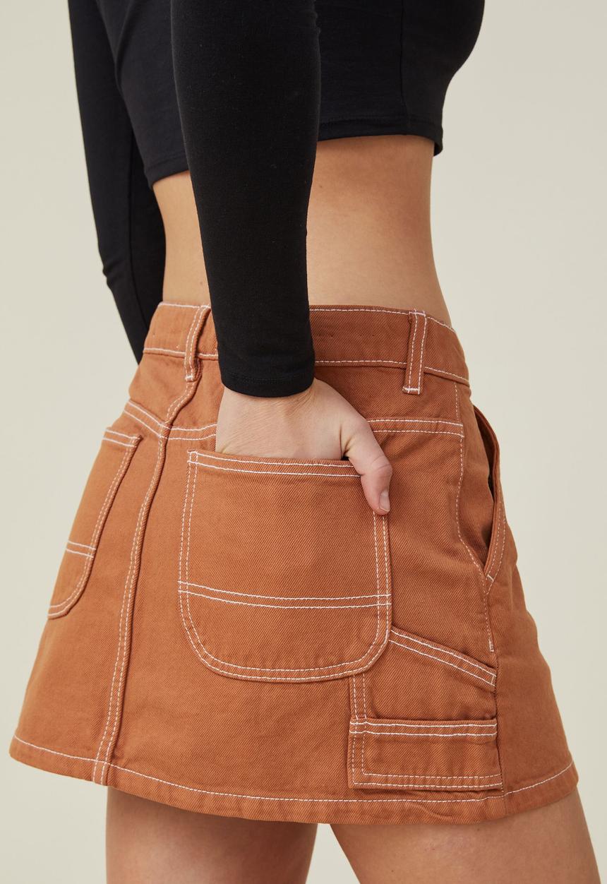 Cotton On - Cargo denim low rise mini skirt - clay brown