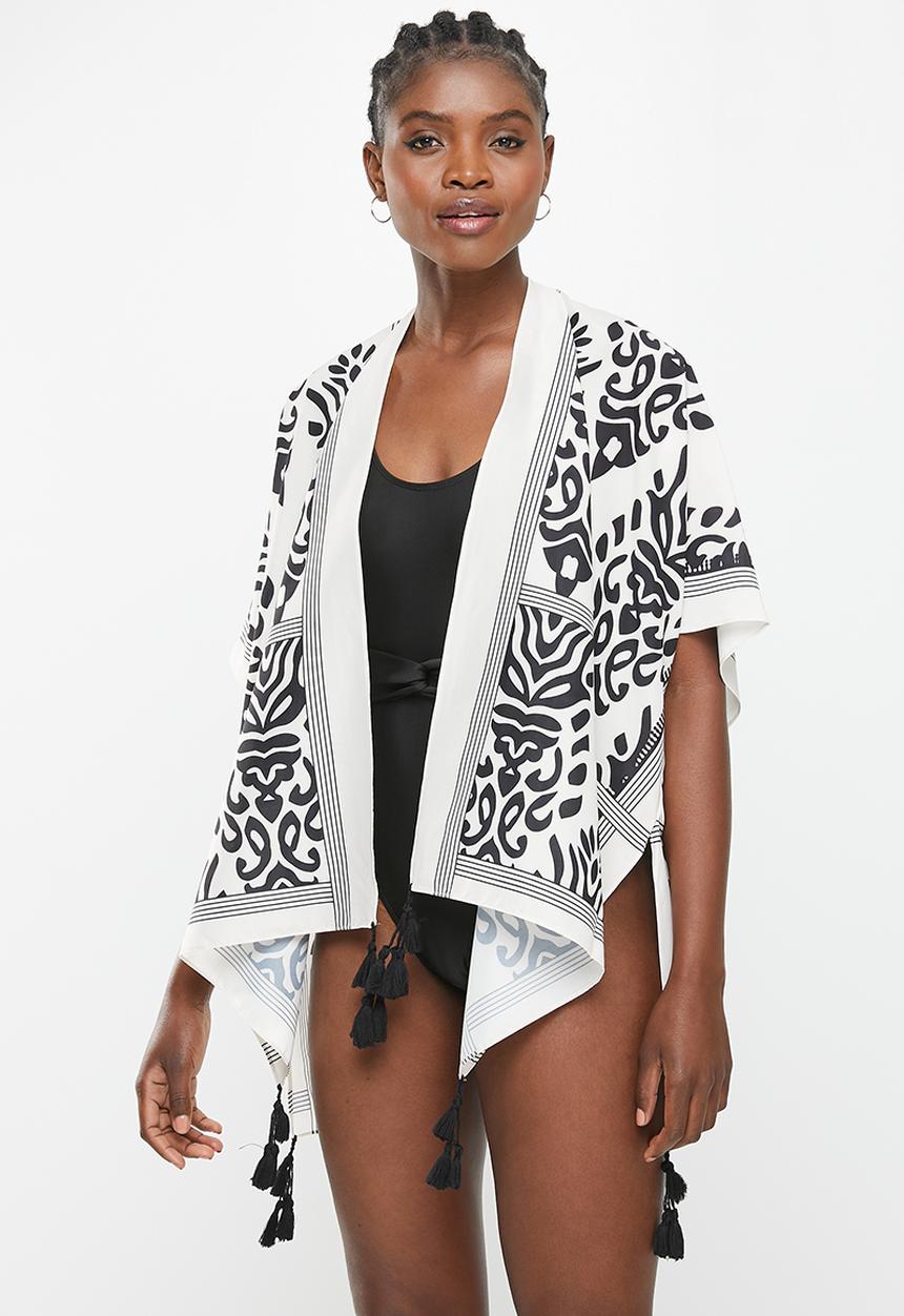 dailyfriday - V-neck fringe beach cover up - black & Beige 