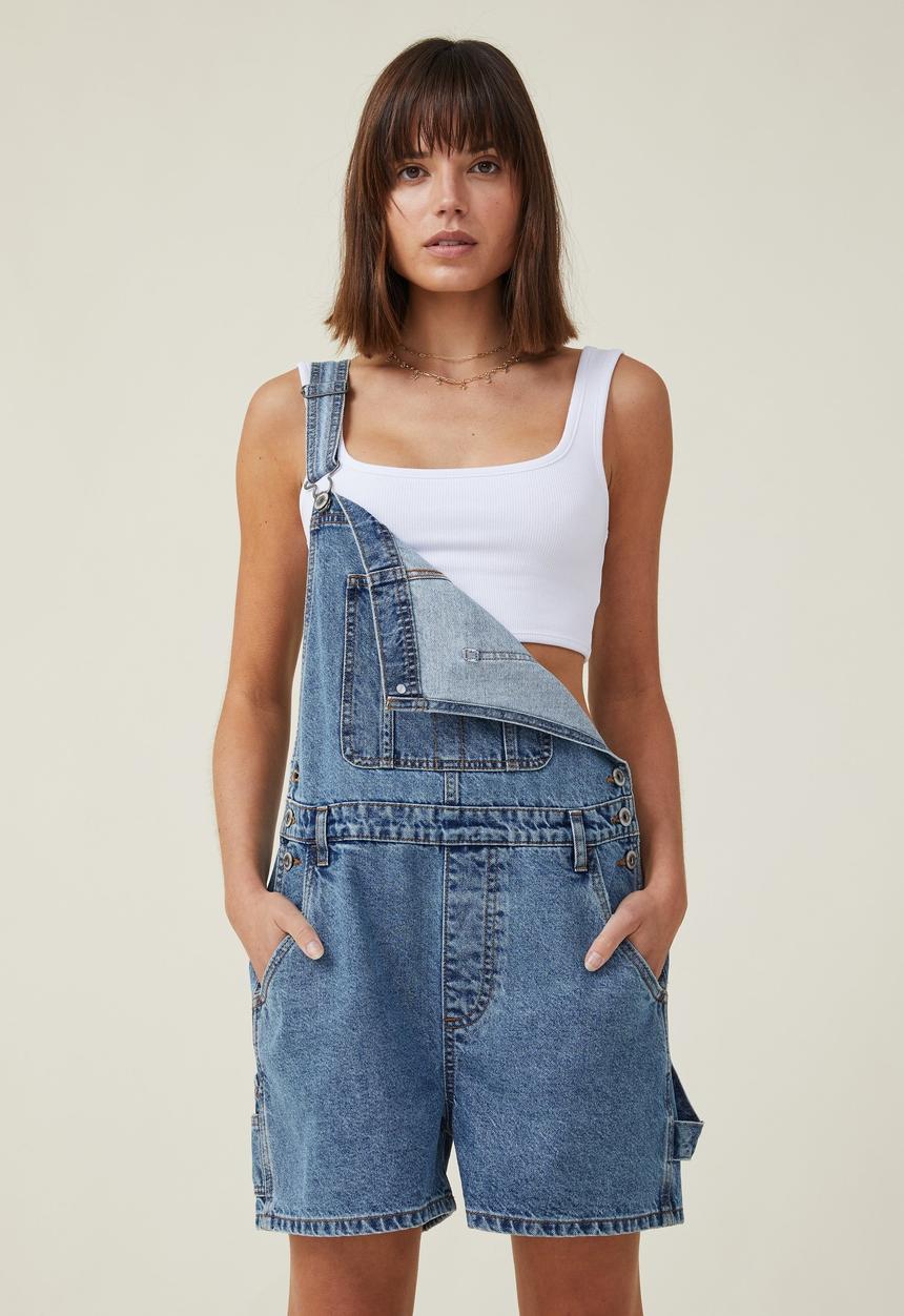 Cotton On - Utility denim short overall - offshore blue
