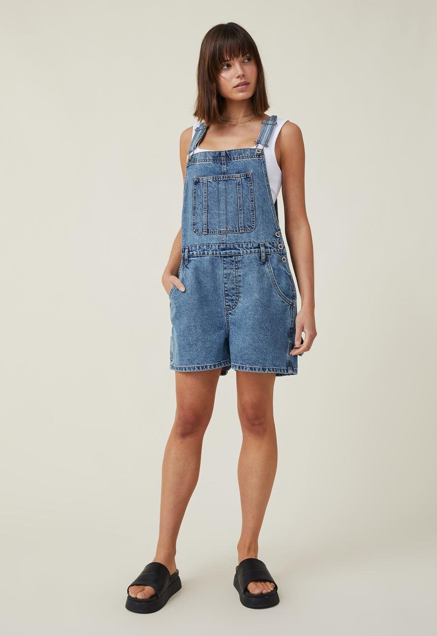 Cotton On - Utility denim short overall - offshore blue