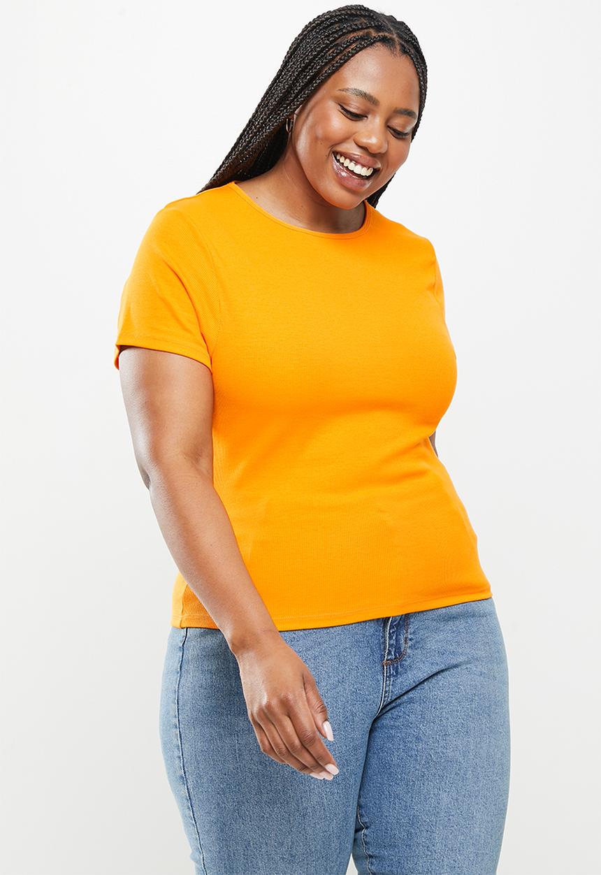 Cotton On - Curve the one organic rib crew short sleeve tee - spring orange