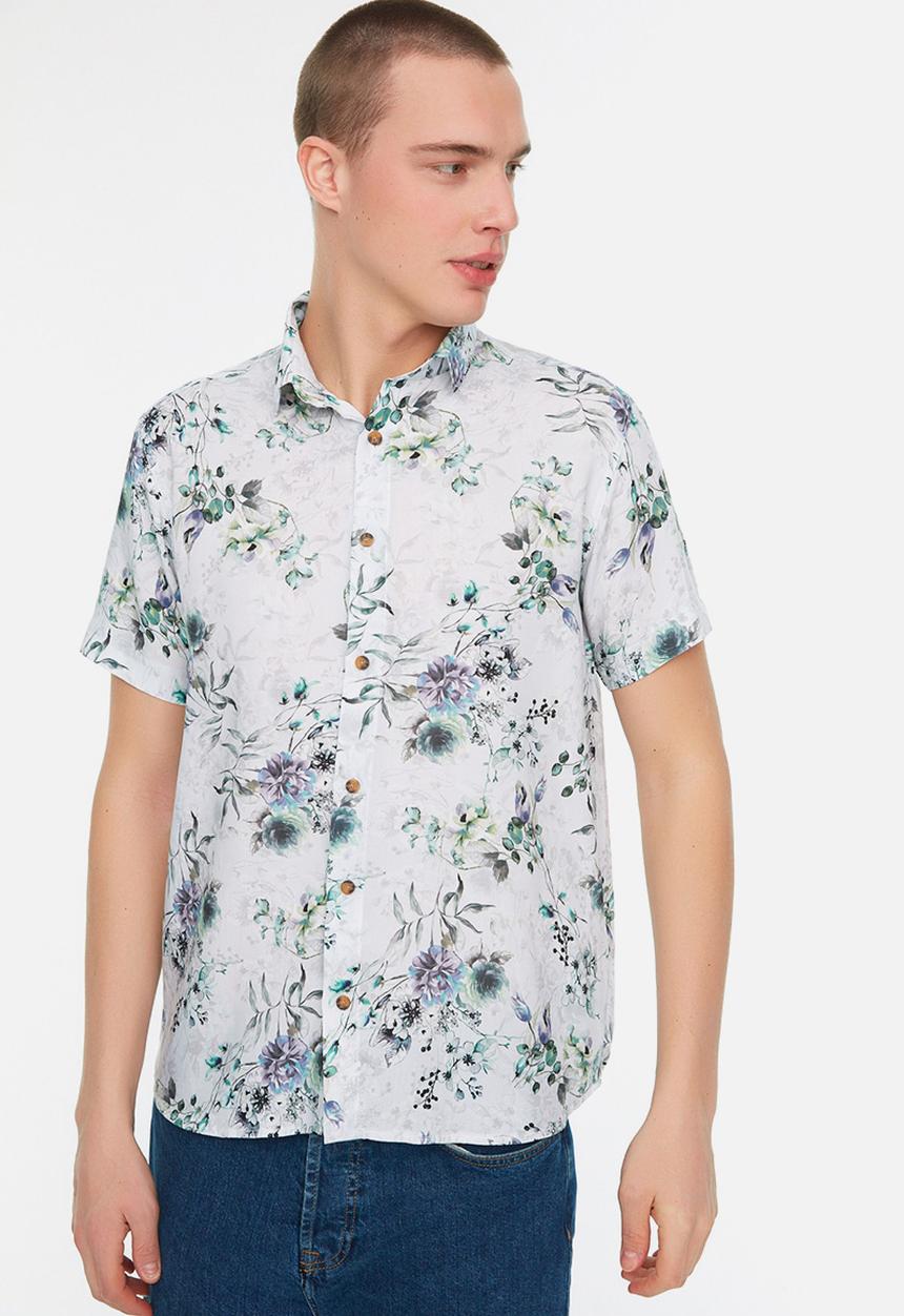 Trendyol - Floral regular fit short sleeve shirt - blue