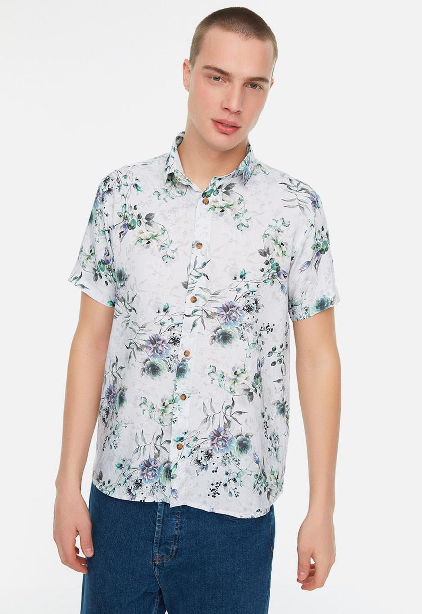 Trendyol - Floral regular fit short sleeve shirt - blue