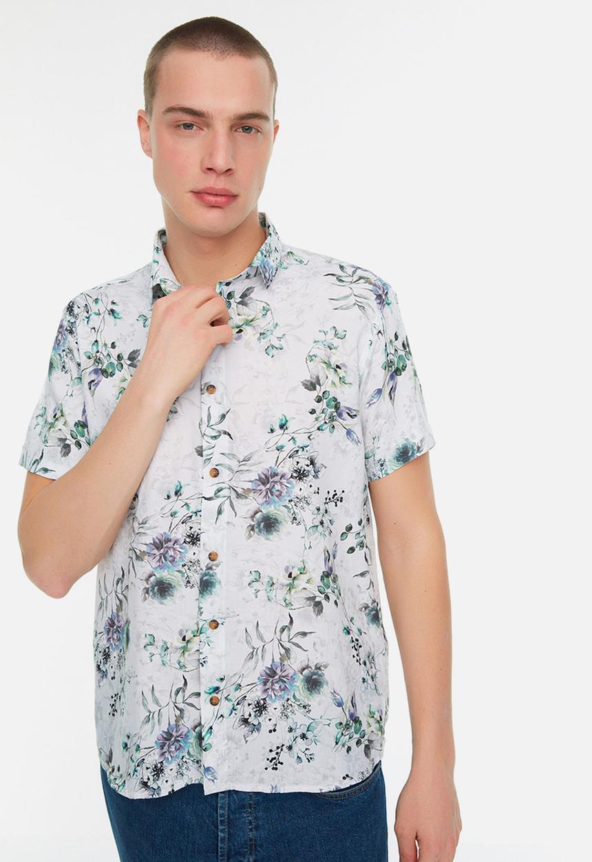 Trendyol - Floral regular fit short sleeve shirt - blue
