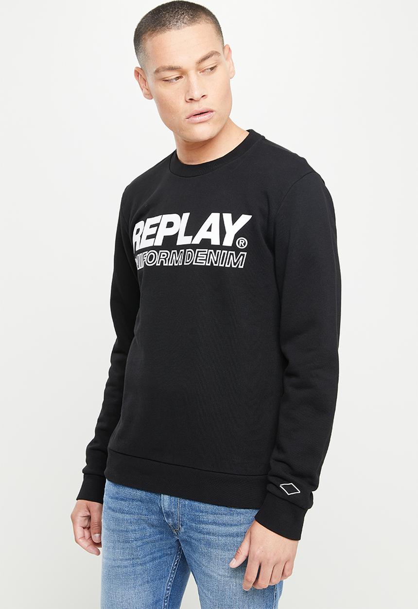 Replay - Cotton fleece chest print crew - black