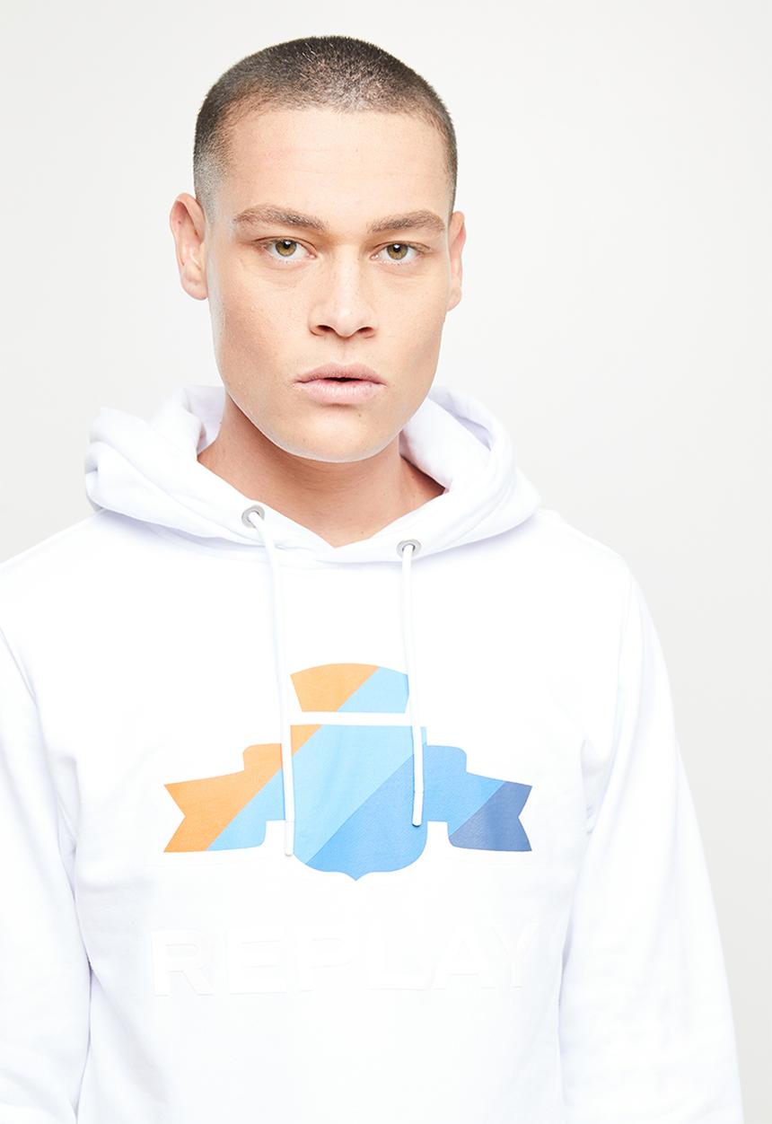 Replay - Cotton fleece chest print hoodie - white