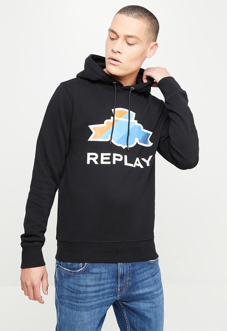 Replay - Cotton fleece chest print hoodie - black