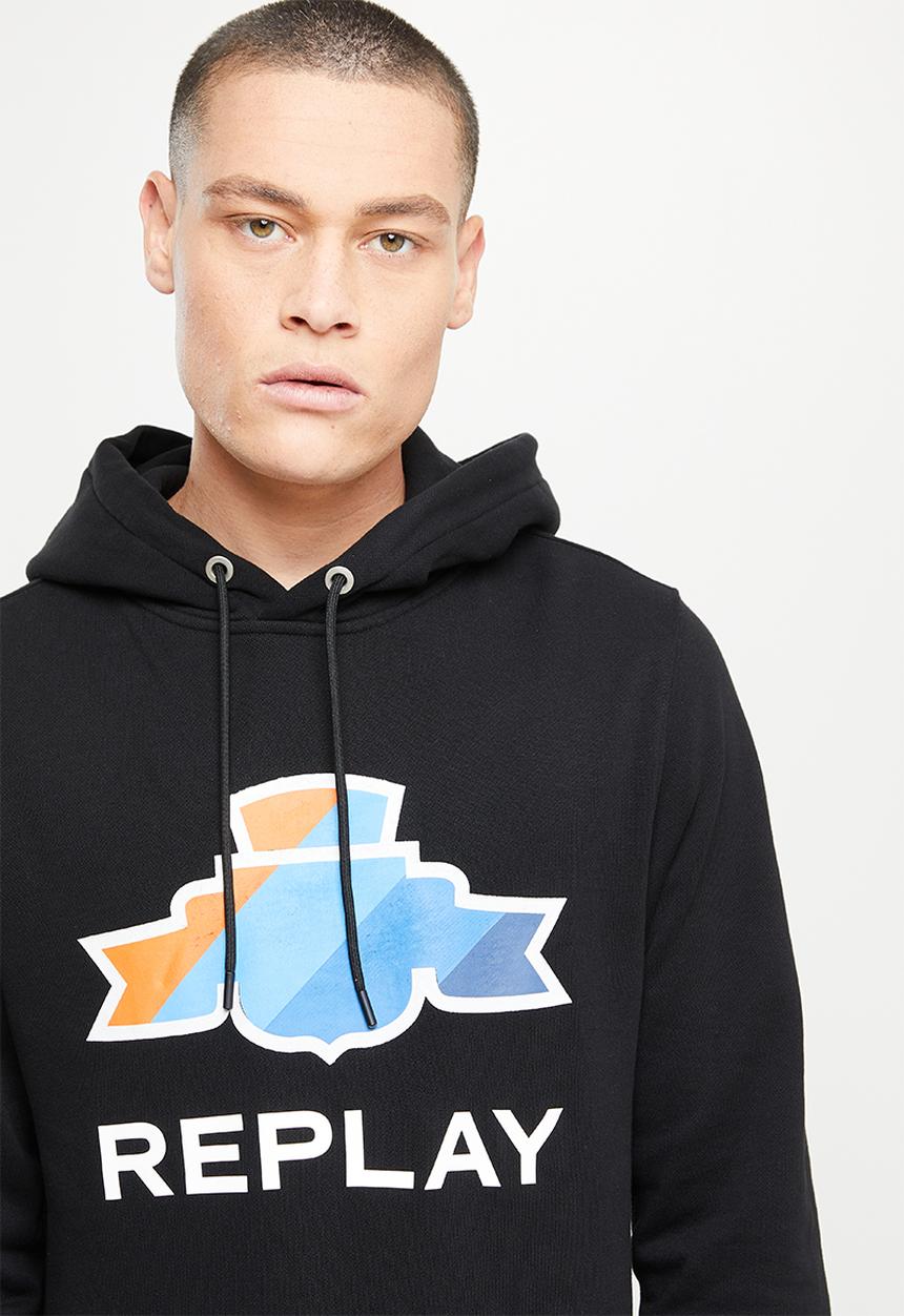 Replay - Cotton fleece chest print hoodie - black