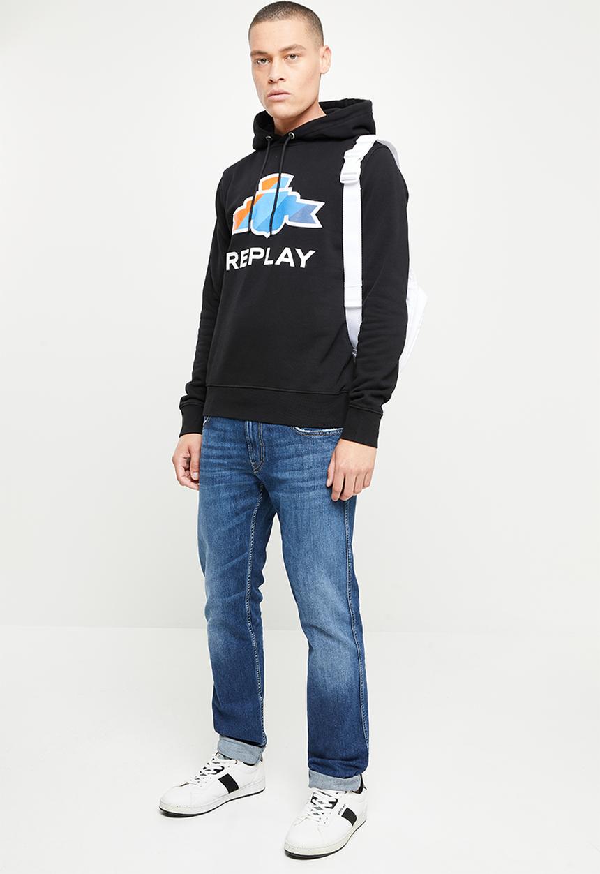 Replay - Cotton fleece chest print hoodie - black
