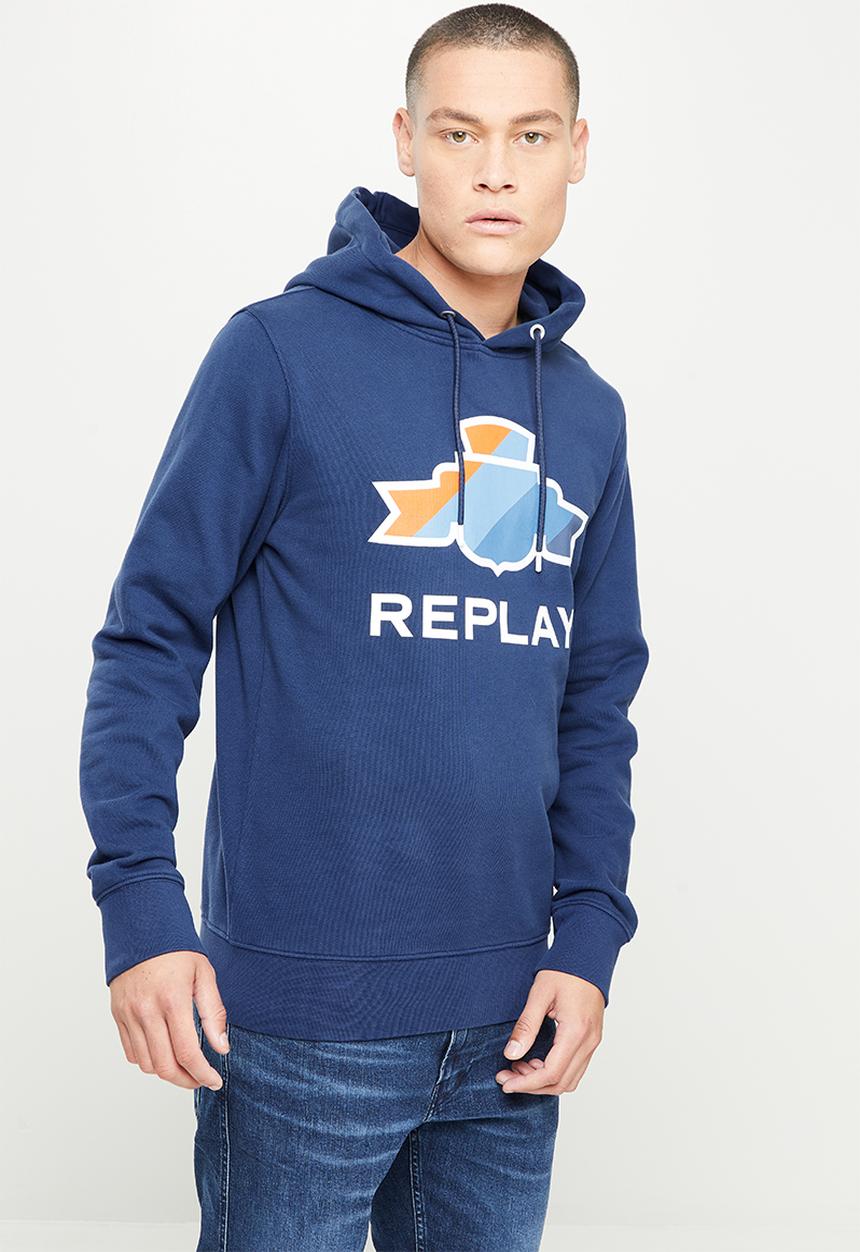 Replay - Cotton fleece chest print hoodie - navy