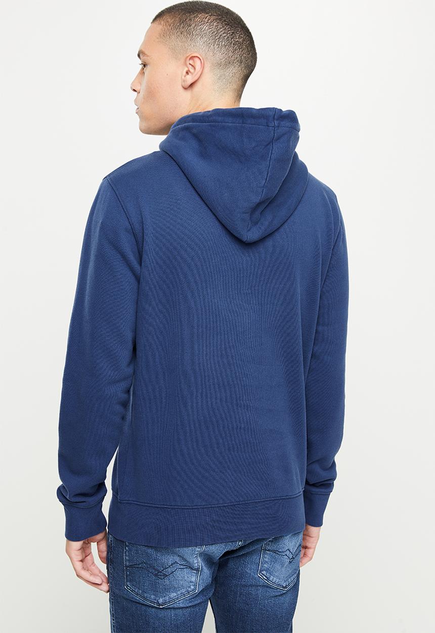 Replay - Cotton fleece chest print hoodie - navy