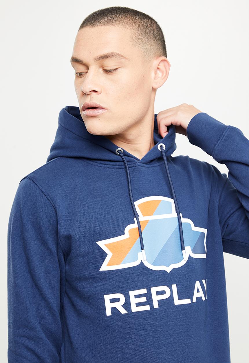 Replay - Cotton fleece chest print hoodie - navy