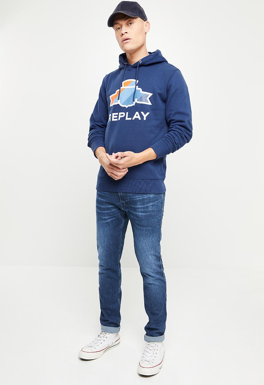 Replay - Cotton fleece chest print hoodie - navy