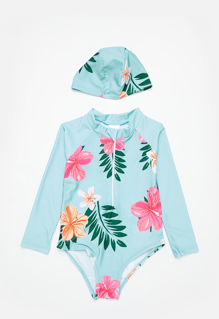 Pop Candy - Girls hibiscus swimsuit & hat set - blue