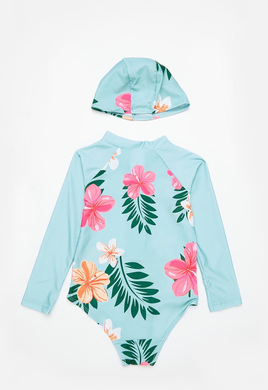 Pop Candy - Girls hibiscus swimsuit & hat set - blue