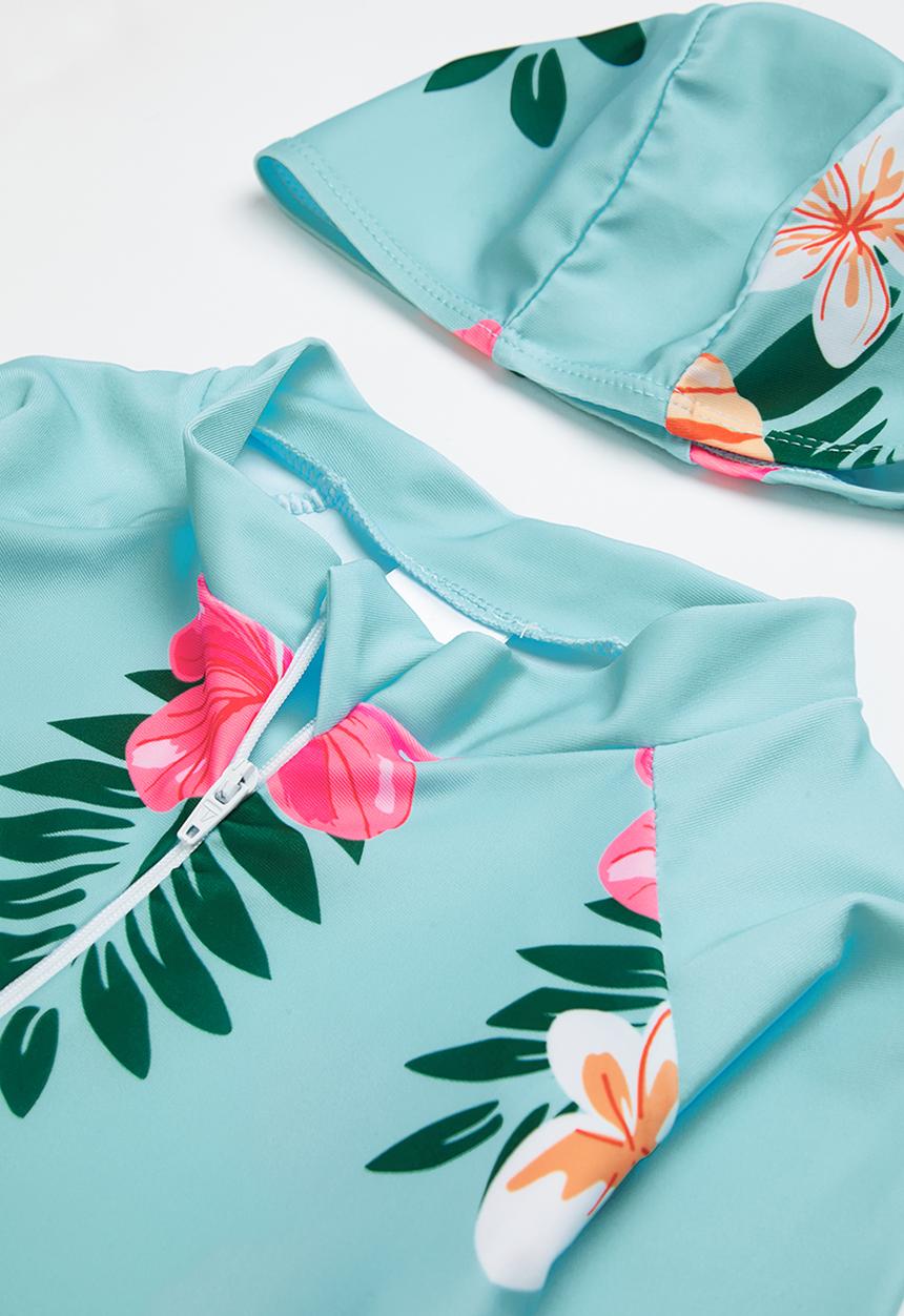 Pop Candy - Girls hibiscus swimsuit & hat set - blue