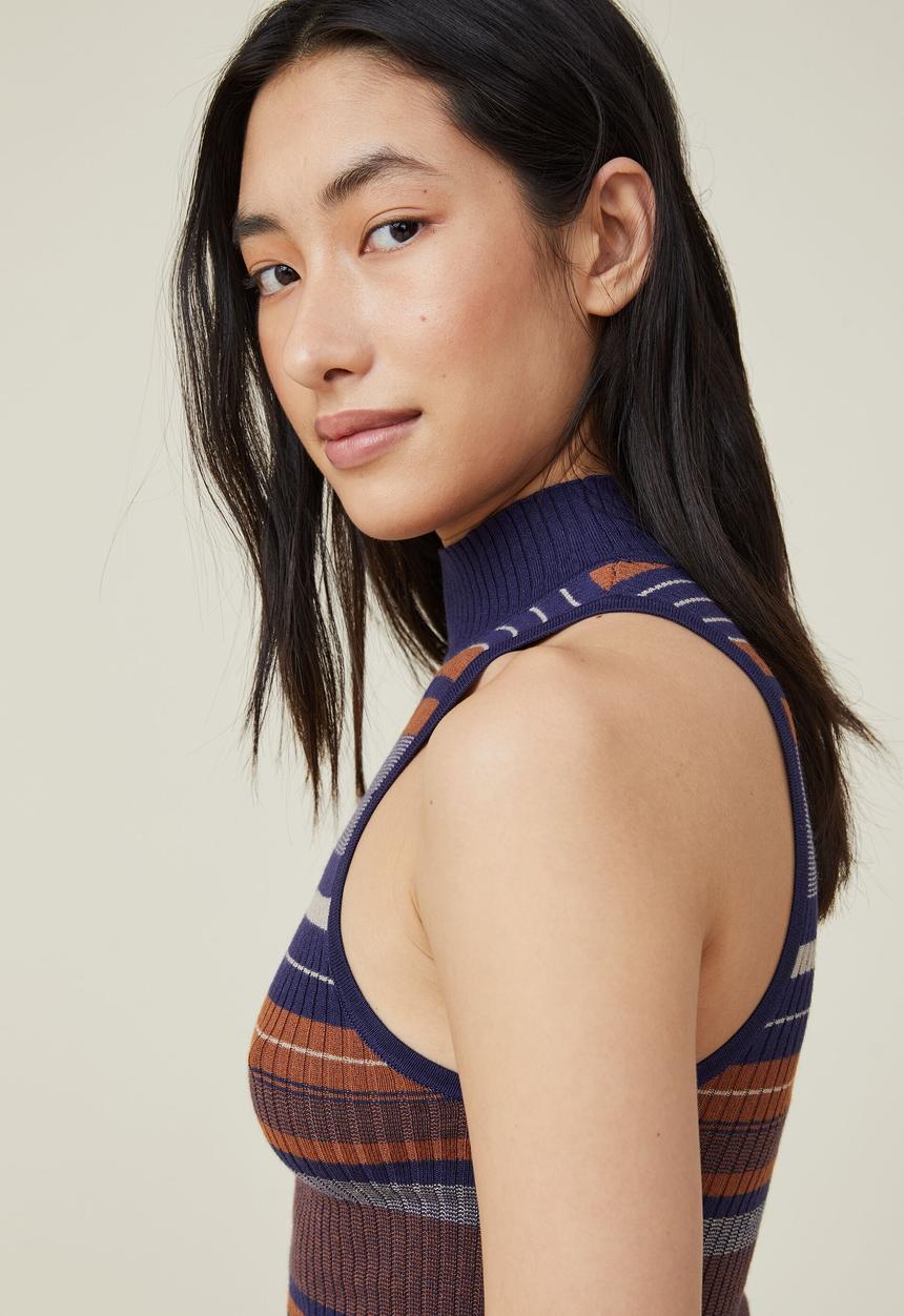 Cotton On - Rib sleeveless mock neck - autumn brown stripe