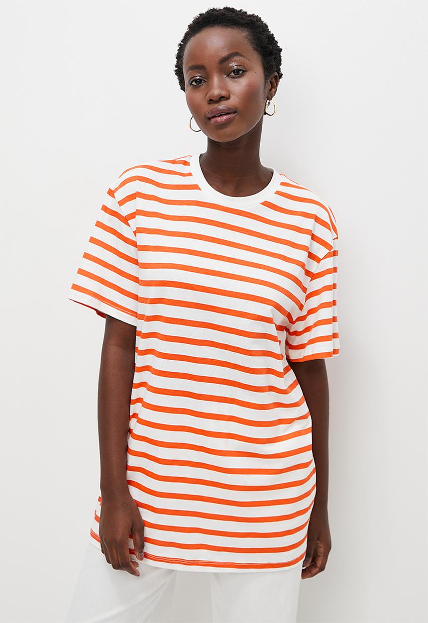 Superbalist - Basic crew easy fit stripe - orange & ecru stripe