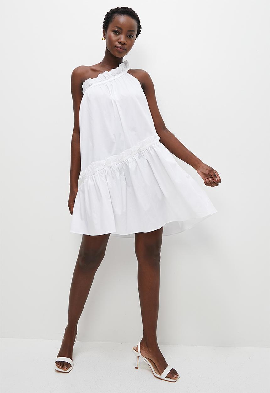 VELVET - Asymmetric ruffle detail mini trapeze dress - white