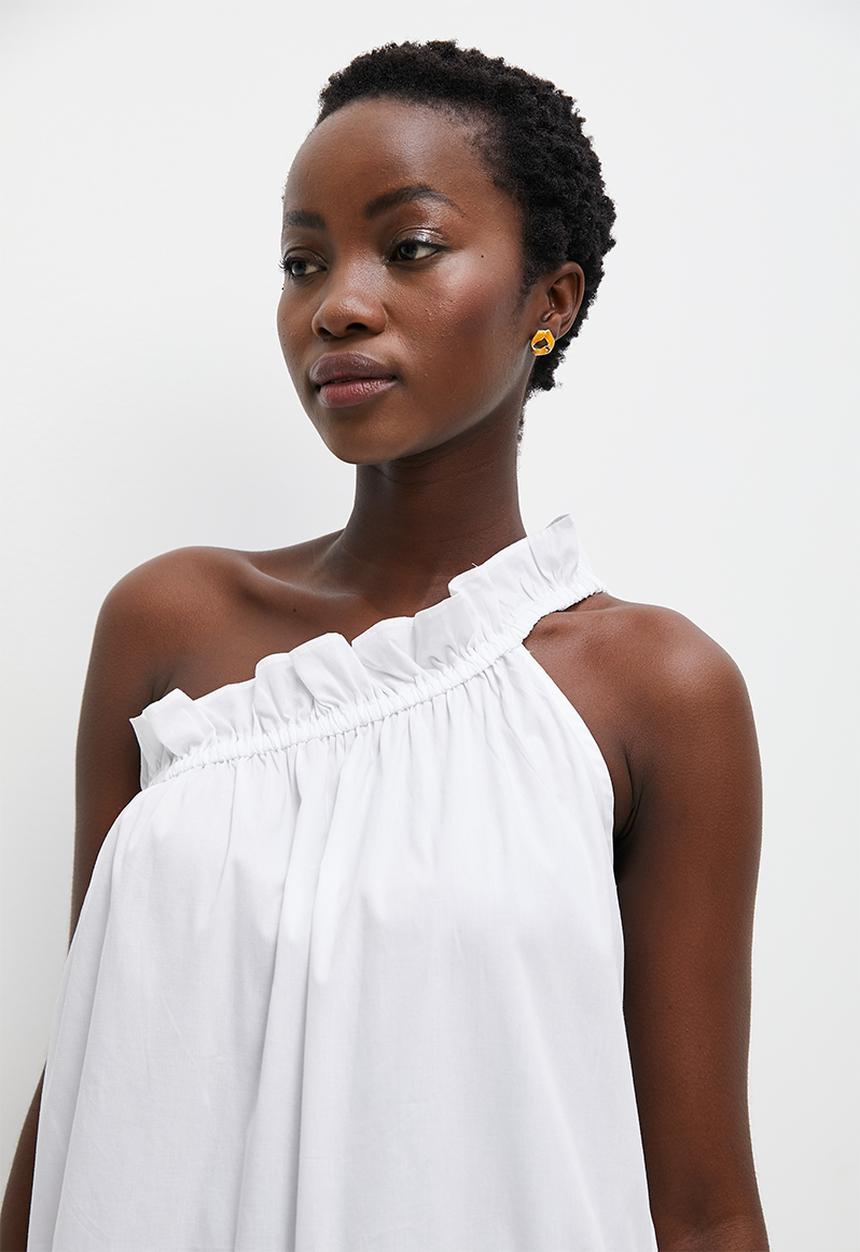 VELVET - Asymmetric ruffle detail mini trapeze dress - white