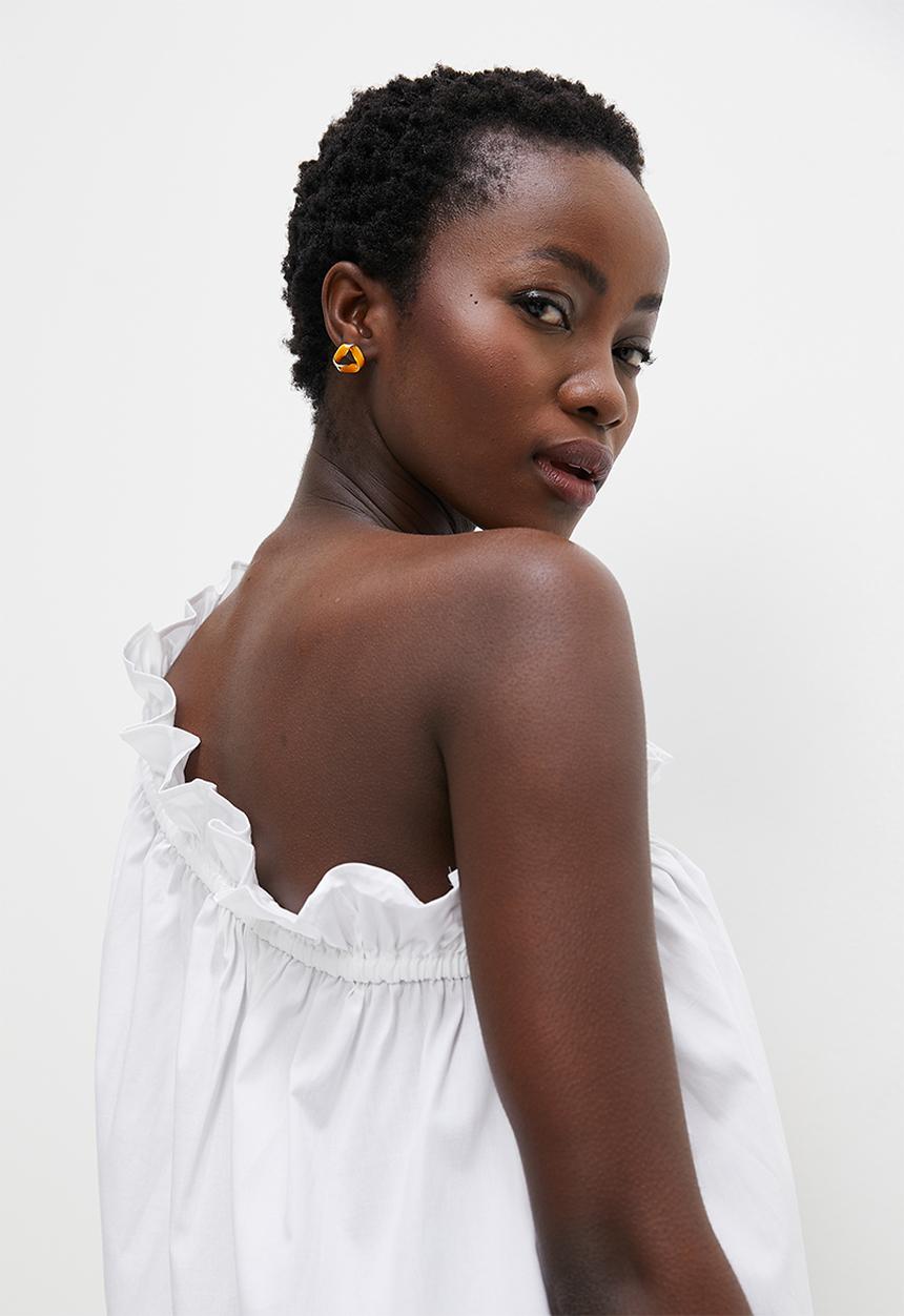 VELVET - Asymmetric ruffle detail mini trapeze dress - white