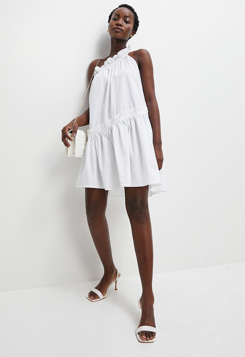 VELVET - Asymmetric ruffle detail mini trapeze dress - white