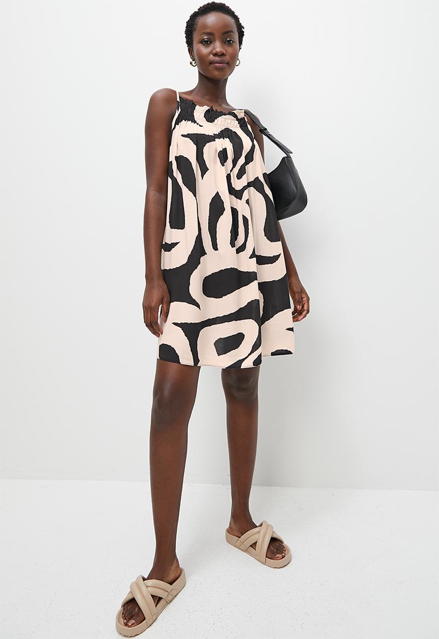 Superbalist - Squareneck trapeze mini - black & white waves