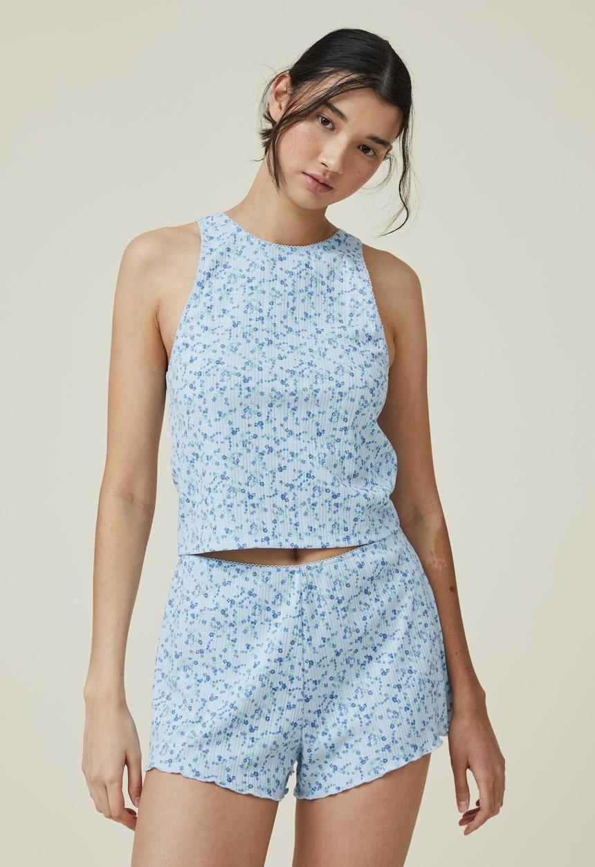 Cotton On - Pointelle sleep short - floral chain silky blue