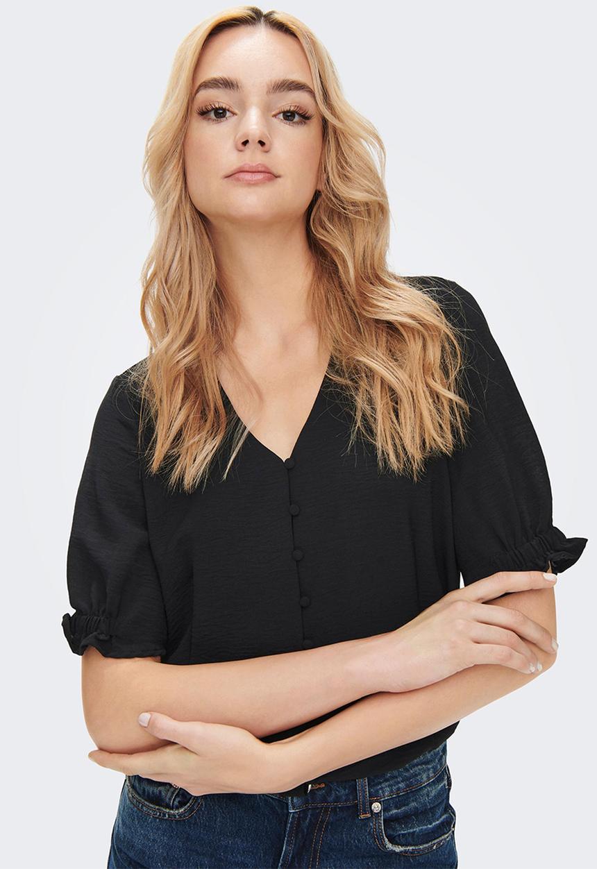 ONLY - Mette short sleeve button top - black