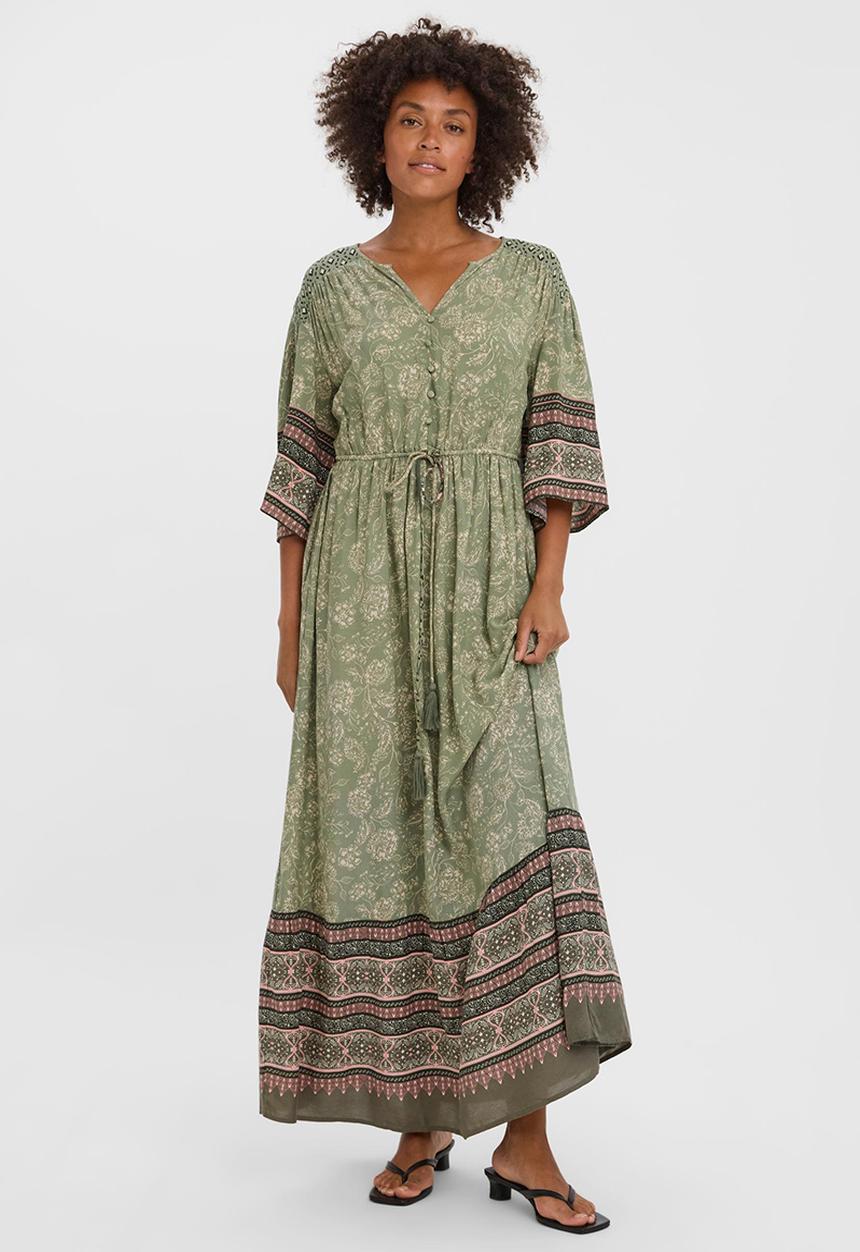 Vero Moda - Addie 2/4 v-neck long boho dress - birch