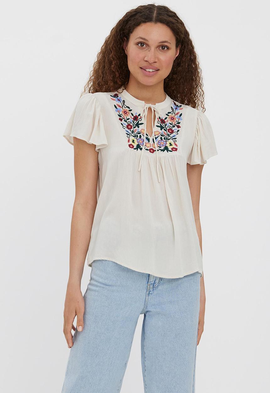Vero Moda - Gina boho embroidered short sleeve top - birch