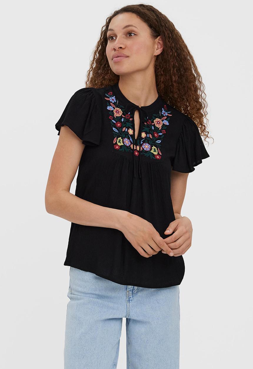Vero Moda - Gina boho embroidered short sleeve top - black