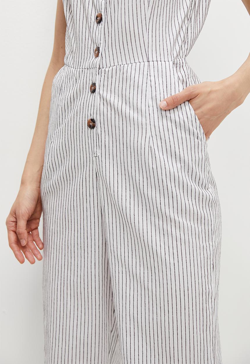 edit - V-neck button down jumpsuit - brown & white stripe