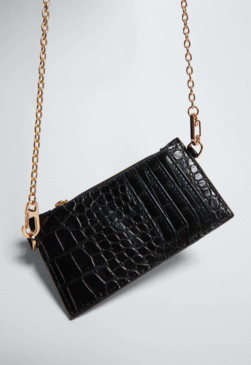MANGO - Croc-effect cardholder with chain - black