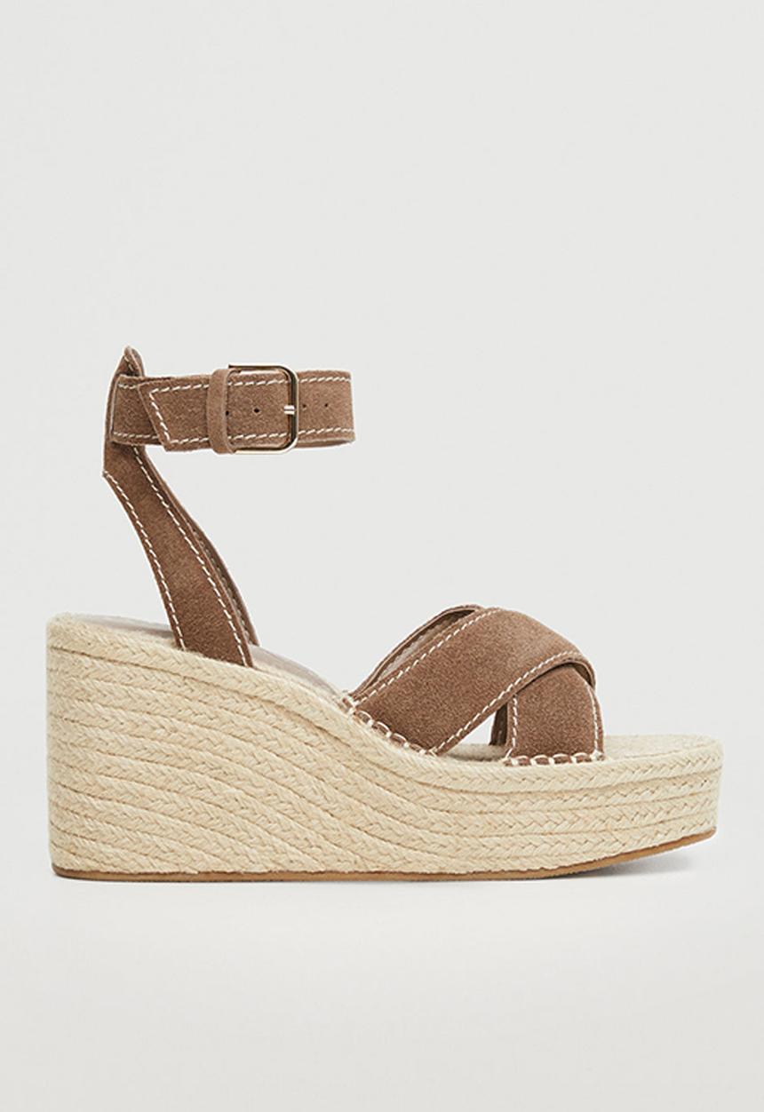 MANGO - Crossed leather espadrille wedge heel - light pastel brown