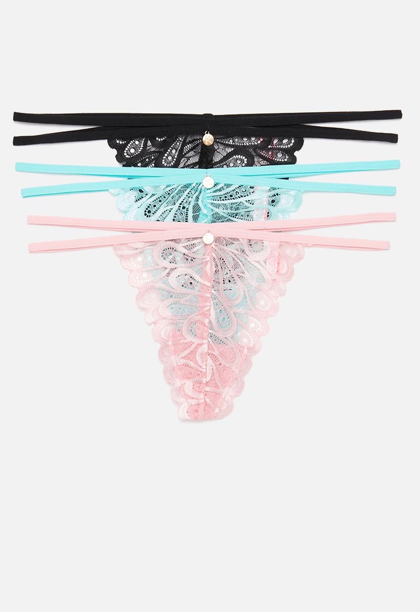 KANGOL - 3pk strappy T-string - black, green & peachy pink