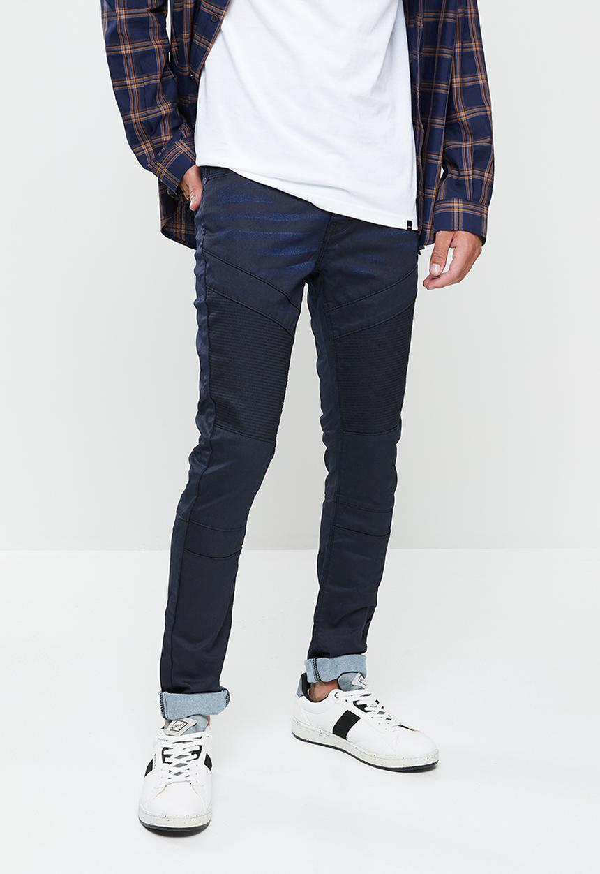 Cutty - Mens skinny fit coated biker denim jean - blue black