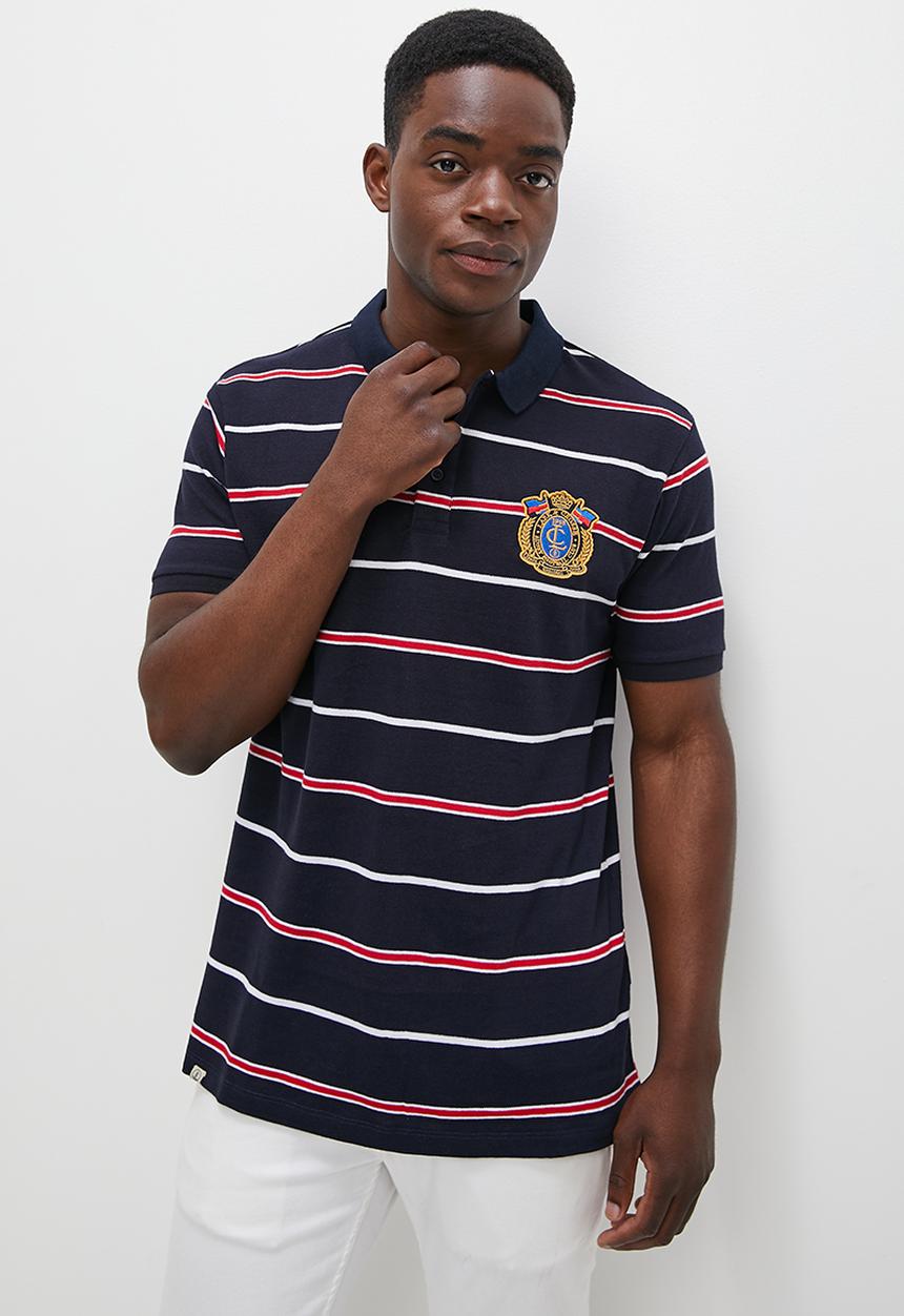 Lark & Crosse - Wide striped logo golfer navy & red