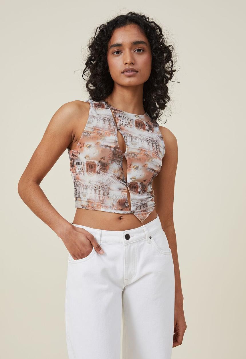 Cotton On - Lexi mesh cut out tank - digital print brown