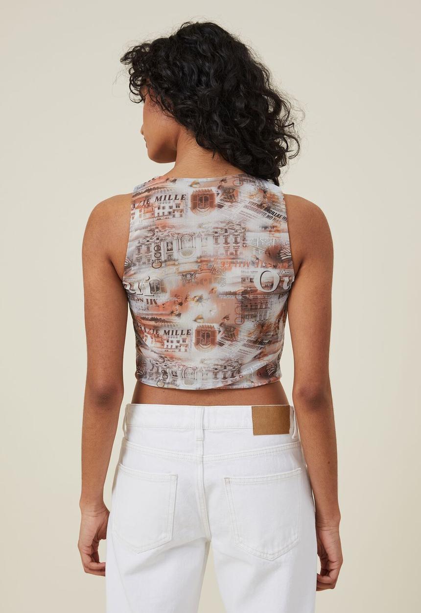 Cotton On - Lexi mesh cut out tank - digital print brown