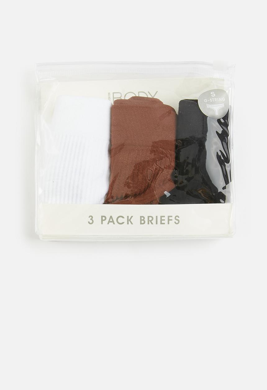 Cotton On - Seamless high cut thong brief 3 pack - white/brandy brown/black