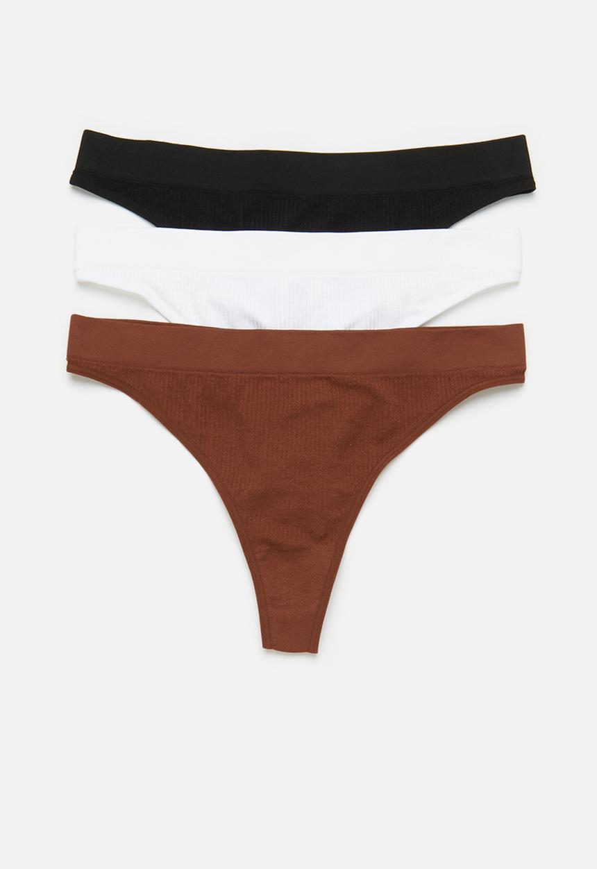 Cotton On - Seamless high cut thong brief 3 pack - white/brandy brown/black